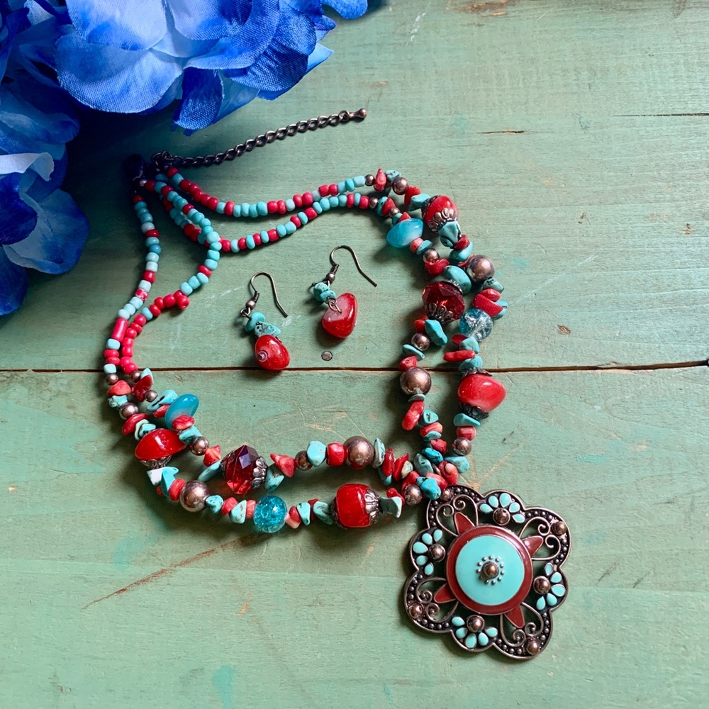 Gem & Enamel Pendant Necklace & Earring Set - Festival Wear Hippie - Boho Set